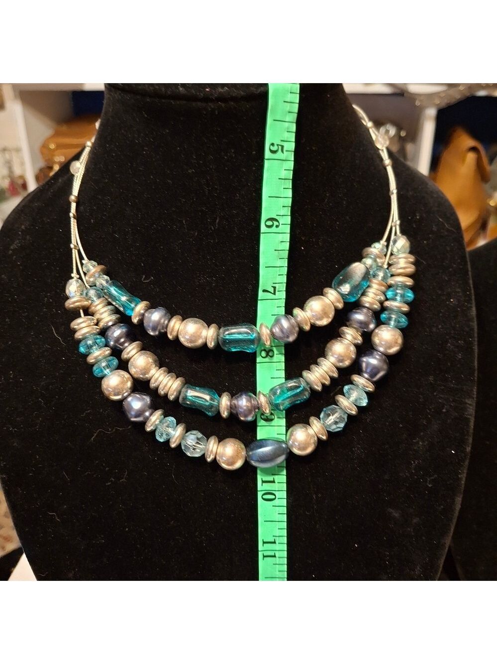 Blue, Green, and Silver  Multi-Strand Boho Beaded Necklace